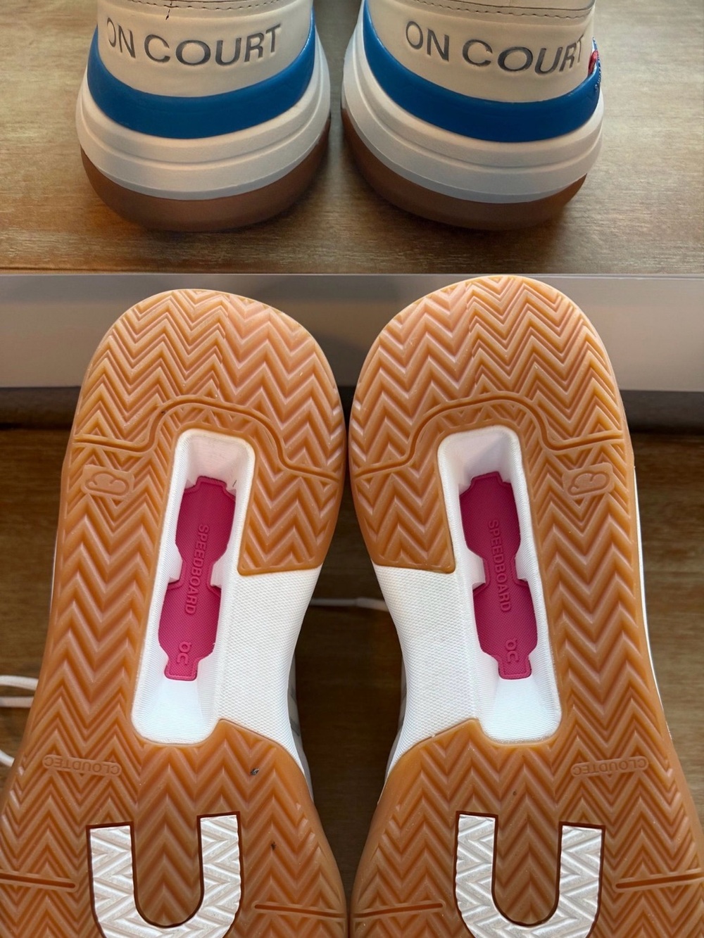 On Cloud Men’s Athletic Shoes in White with Pink and Blue Accents - Picture 2 of 2